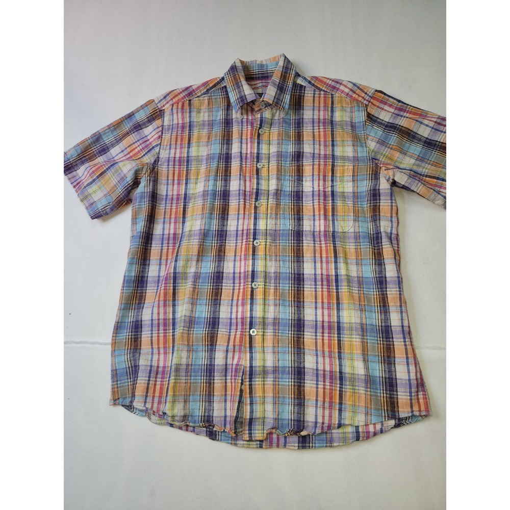 Alan Flusser Mens Medium Plaid Linen Cotton Short Sleeve Button Down Shirt i2205